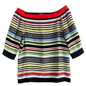 PER SE BY CARLISLE Per Spectrum Striped 100% Silk Off Shoulder Blouse Size 8 NWT
